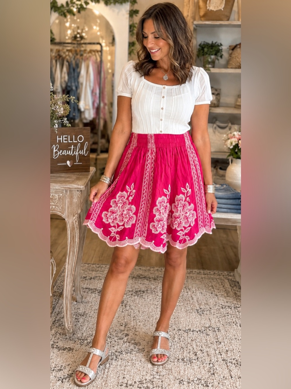 NWT Solitaire Pink Embroidered Floral Mini Skirt Large Boho Scalloped Hem